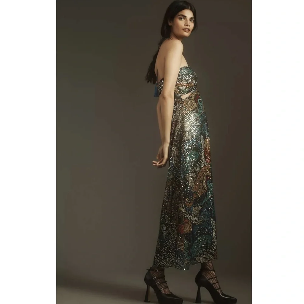 Anthropologie Verb by Pallavi Singhee Halter Cutout Sequin Midi Dress Size XL - Picture 4 of 14